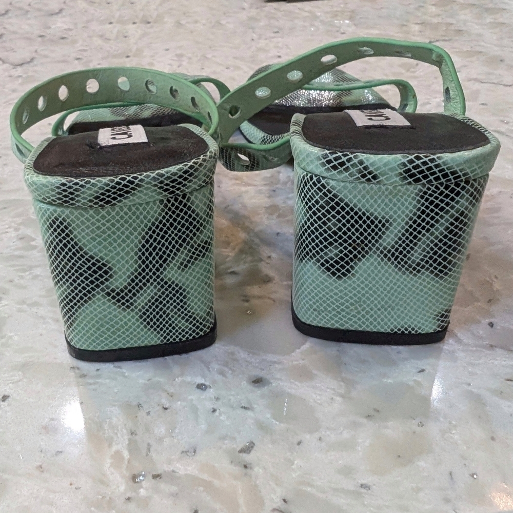 Caverley Slip-On Mule Sandal Green Leather Slide Double Straps Block Heel 37 7 - Picture 4 of 6